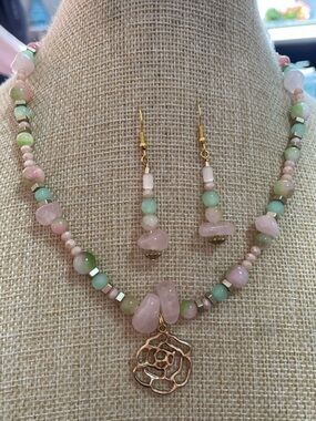 Artisan Rose Quartz and Glass Beaded Flower Necklace and Earrings Set